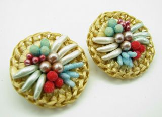 Vtg W.  Germany Fruit Salad Clip On Earrings Basket/straw Beaded Frosted So Cute