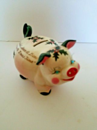 Vintage Kreiss Holly Christmas Ceramic Piggy Bank Rhinestones & Eyelashes 1950s