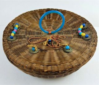 Vintage Woven Round Sewing Basket With Lid 11 " Beads & Asian Coins