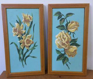 Set 2 Vtg Pbn Paint By Number Acrylic Yellow Daffodils Roses Paintings Framed