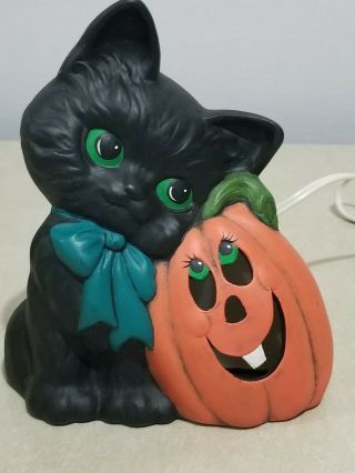 Vintage Ceramic Black Kitty Cat With Pumpkin Jack - O - Lantern Light Up Halloween