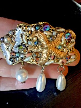 Vintage Brooch Pin Mixed Media Seahorses Seashore Beads Mother Of Pearl Handmade
