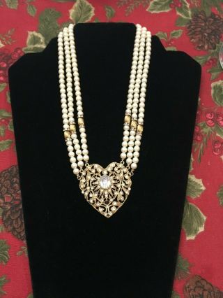 Vintage 1928 Multi Strand Necklace With Faux Pearl And Clear Crystals