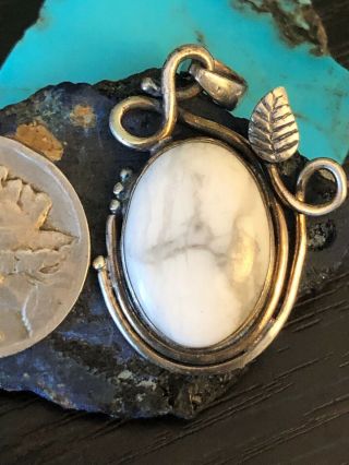 Vintage Native American White Buffalo Turquoise Sterling Silver Leaf Pendant 8 G