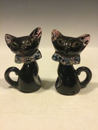 Vintage Large Black Siamese Cat Salt And Pepper Shakers Japan Shafford Redware