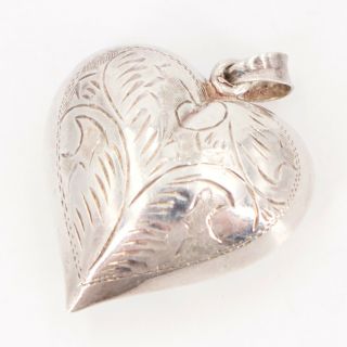 Vtg Sterling Silver - Etched Filigree Puffy Heart Love Pendant - 7.  5g