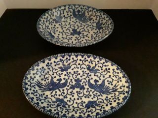 Vtg Japan Blue & White Phoenix Bird Serving Bowl (m) & Oval Plate/platter (t)