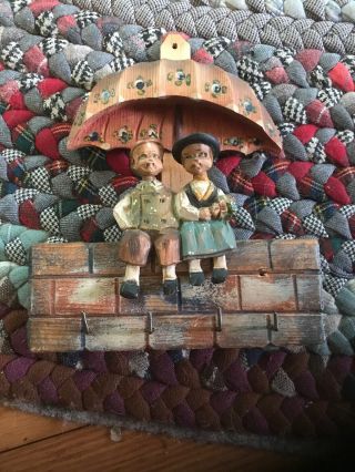 Key Holder Carved Wood Couple Under Umbrella Vintage