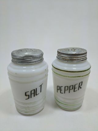 Vintage Milk Glass With Green Stripes Salt & Pepper Shakers With Lids