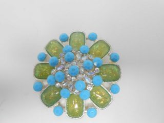 Vintage Brooch Pin Blue/green Crystal Rhinestone Flower Silver Fashion Jewelry