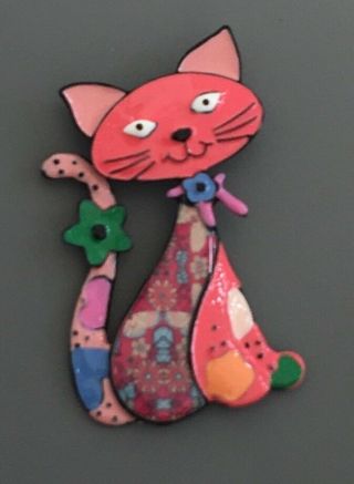 Adorable Vintage Style Cat With Fish Brooch In Enamel On Metal