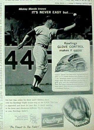 1964 Mickey Mantle Yankees Rawlings Baseball Gloves Mitts Vintage Photo Art Ad