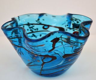 Vintage Murano Style Blue Art Glass Ruffled Bowl