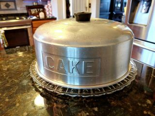 Vintage Cake Saver Glass Footed Plate W/ Aluminum Cover Word Cake Embossed