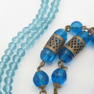 Vtg Art Deco Czech Peacock Blue Glass Bead Flapper Necklace