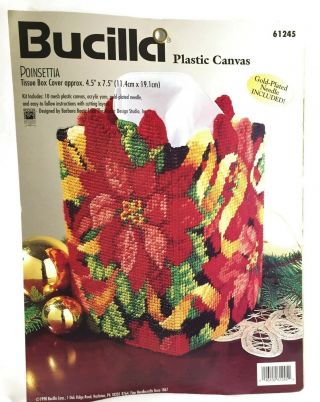 Bucilla Plastic Canvas Kit Vintage (1998) Poinsettia Tissue Box Cover