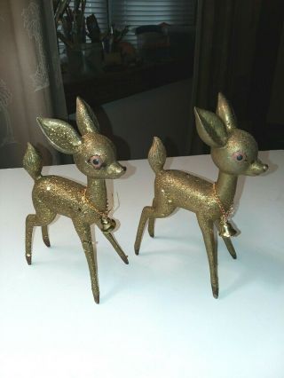 Two Vintage Plastic Deer Figures Gold Glitter With Bell 6 " Tall