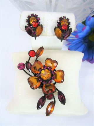 Incredible Vintage Black Japanned Open Back Rhinestone Floral Brooch Earring Set