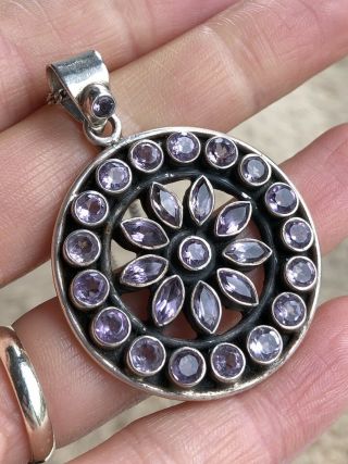 Vintage Large Sterling Silver Amethyst Round Pendant And Chain