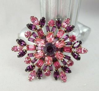 Vintage Pink Purple Rhinestone Open Back Wire Support Gold Tone High End Pin