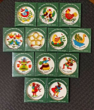 Vintage 12 Days Of Christmas Ornaments Trim A Tree Hand Painted Glass Hong Kong