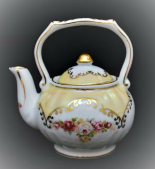 Vintage Lusterware Small Porcelain Teapot Floral Gold Yellow