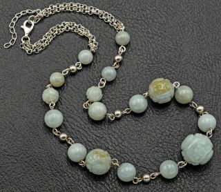 Vintage Sterling Silver Pale Green Carved Jade Beaded Necklace 47.  6 Grams 18.  5 "