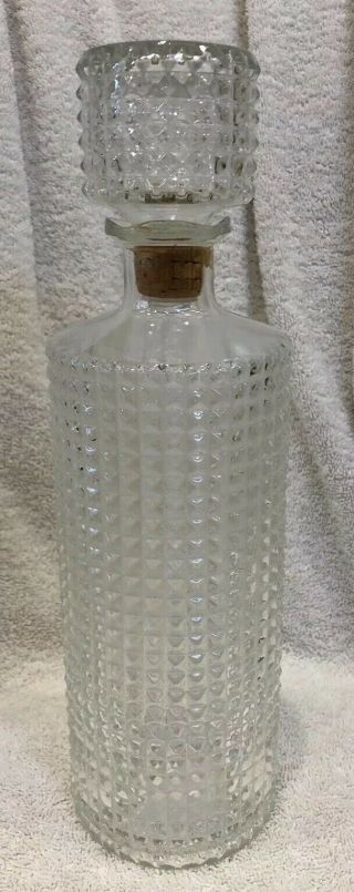 Vintage Glass Decanter Round Bottle W Cork Stopper Diamond Cut Bar Barware 60’s