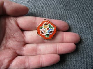 Vintage Signed R.  M.  Made In Italy Micro Mosaic Flowers Silvered Metal Pendant