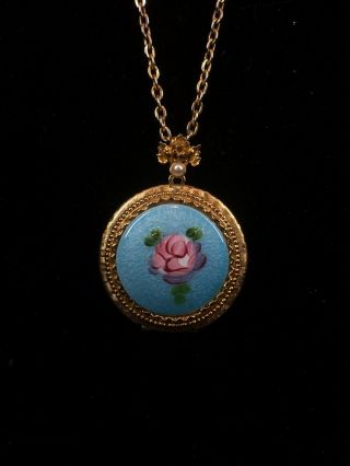 Vintage Guilloche Blue Enamel Pink Rose Flower Gold Tone Locket Pendant Nexklave