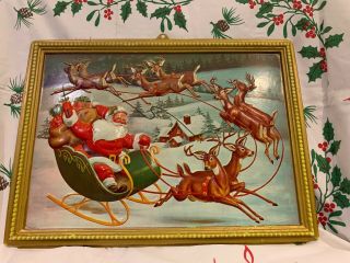 Mid Century Vtg Christmas Hard Plastic Santa With Toys & Sleigh Wall Plaque