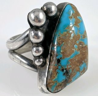 Large Old Pawn Native American Sterling Silver Turquoise Ring Sz 7 Modernist Vtg