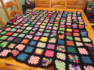 Vintage Hand Crochet Afghan Boho Black Granny Square Blanket Throw Multi 48x 52