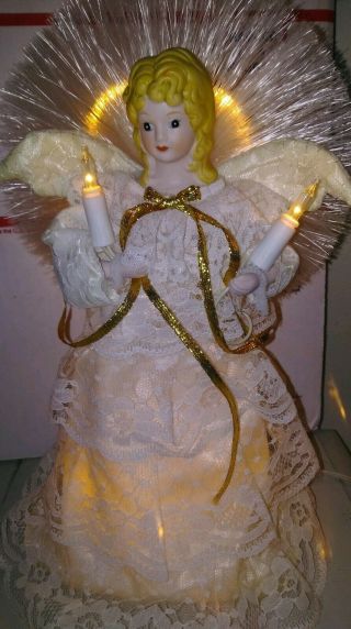 Vintage Christmas Lighted 10 " Angel Porcelain Face Hands Tree Topper Gold Dress