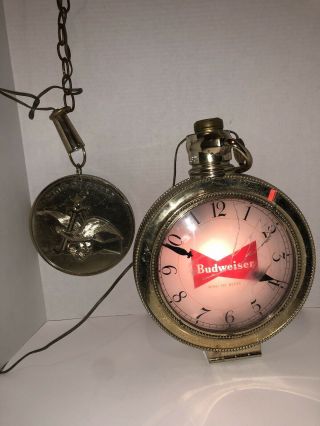 Vintage Budweiser Large Rotating Pocket Watch Lighted Sign With Fob & Lady Lens