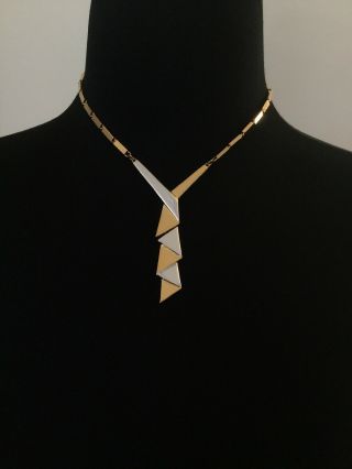 Vintage Trifari Modernist Silver Gold Tone Geometric Ribbon Box Link Necklace