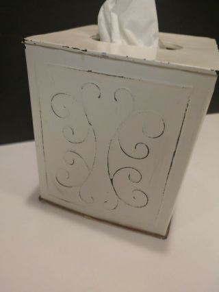 Vintage Ornate White Metal Shabby Chic Square Tissue Kleenex Holder Box