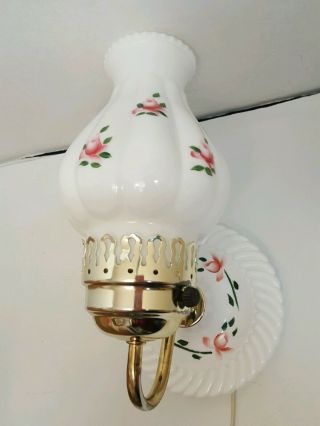Vintage White Milk Glass Floral Rose Electric Hurricane Lamp Wall Mounted