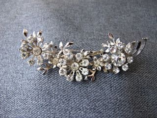 Vintage Clear Rhinestones Silvered Metal Flowers & Leaves Bouquet Pin
