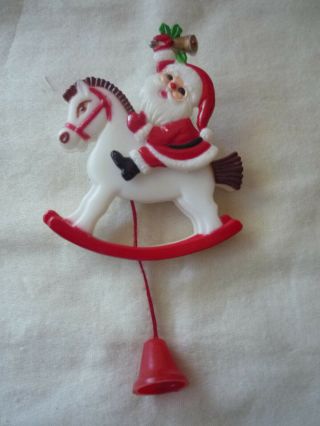 Vintage Plastic Santa On Rocking Horse With Pull Bell Pin /brooch