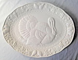 Vintage White Embossed Ceramic Turkey Platter For Thanksgiving Japan
