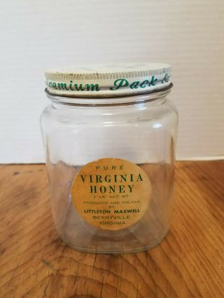 Vintage Square Glass Jar With Lid Pure Virginia Honey Berryville Va 4 7/8 " Tall