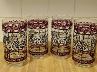 Set Of 4 Vintage Coca Cola Stained Glass Design Glasses