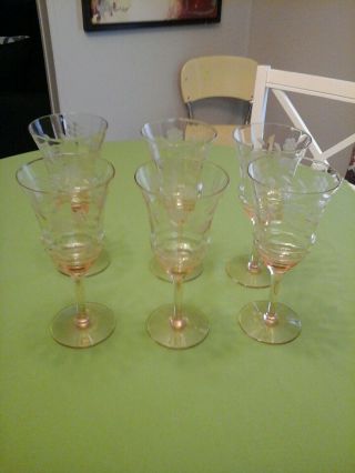 Set Of 6 Vintage Etched Pink Depression Wine Stemware Glasses 7 7/8 "