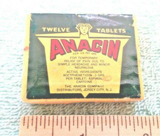 Vintage Cardboard Flip Top Lid Attached Box,  12 Tablets Anacin The Anacin Company