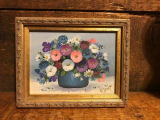 Vintage Miniature Art Floral Painting Oil On Board Framed Signed