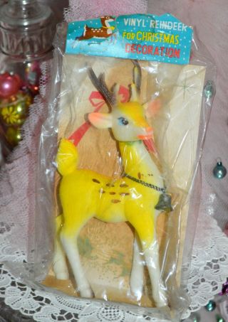 Old Stock Christmas,  Vintage Plastic Reindeer,  Yellow W/ Coral Pink Ears