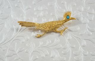 Vintage J Ritter Roadrunner Bird Pin Brooch Goldtone Blue Eye Bird Figural