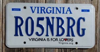 Virginia " Vanity " License Plate Rosenburg (authentic State Issued Plate)