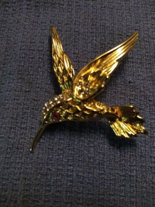 Vintage Costume Fashion Gold Tone Rhinestone Hummingbird Red Eye Brooch Pin 2